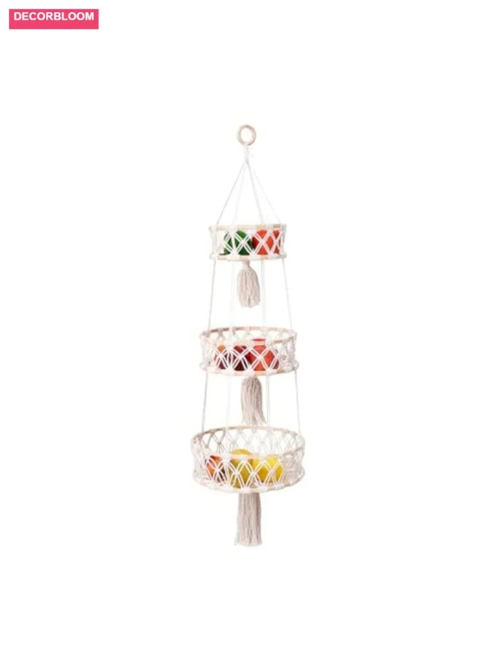 3-Tier Macrame Hanging Basket - Cotton Rope Fruit & Vegetable Storage Kitchen